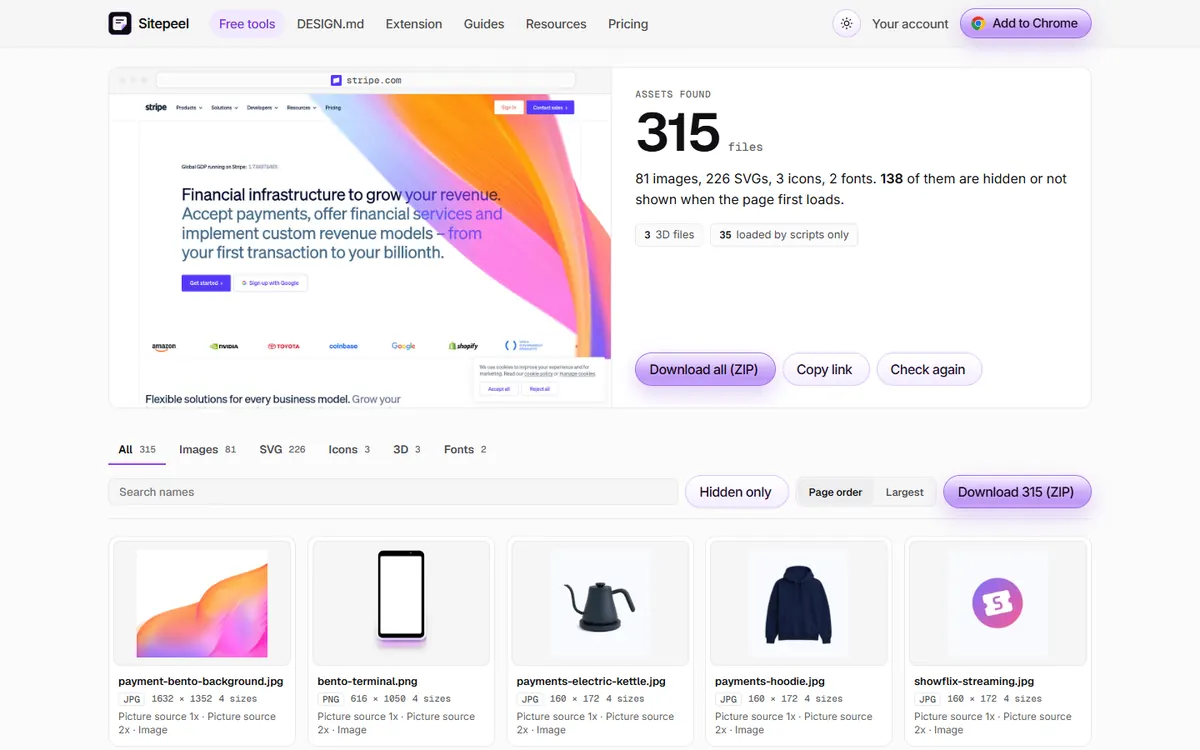 Sitepeel asset extractor result for stripe.com: 315 files with previews and Download all