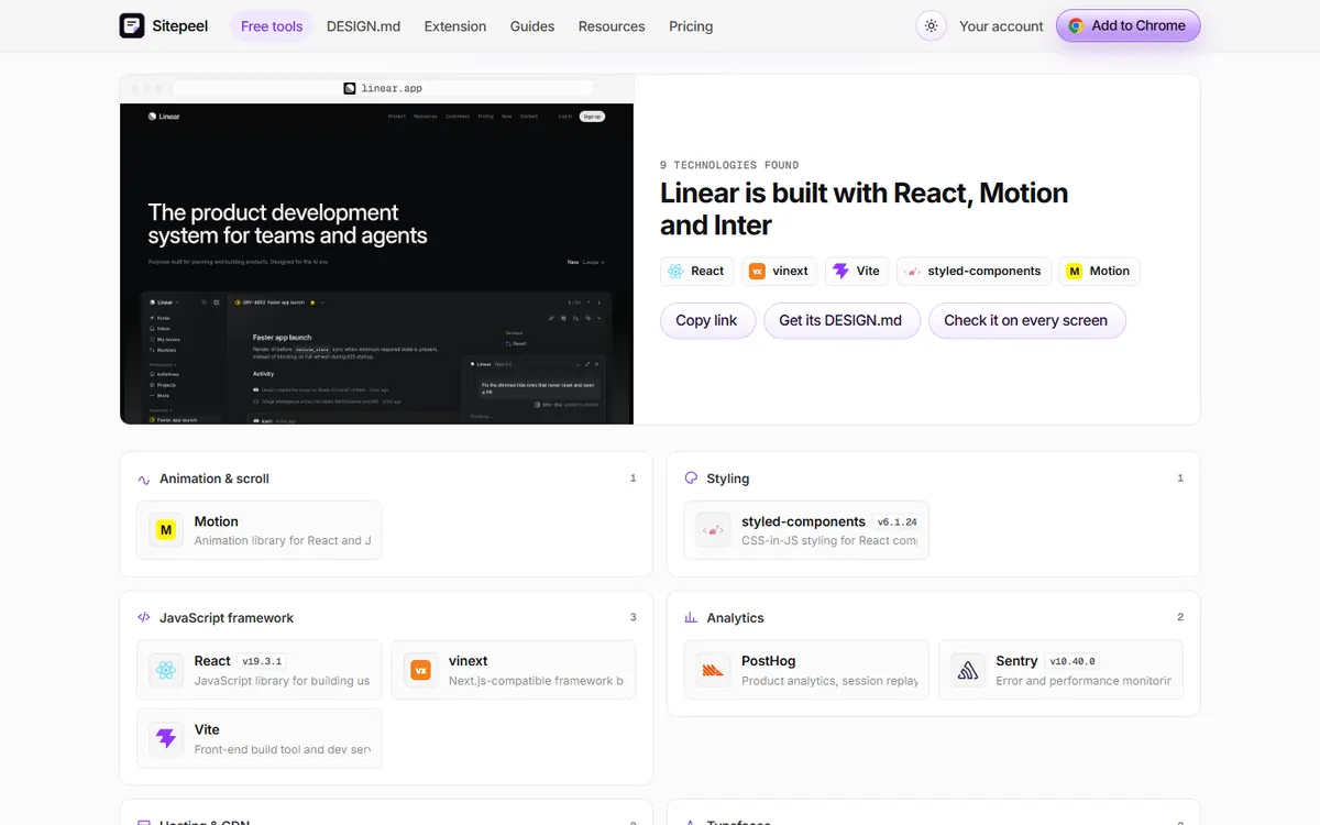 Sitepeel tech stack checker result: linear.app is built with React, Motion and Inter