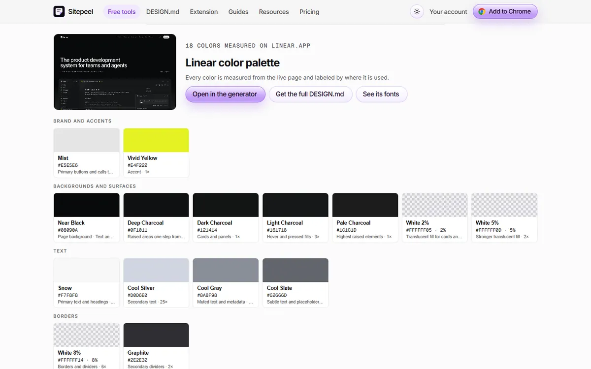 Sitepeel color palette result for linear.app: brand, background, text and border colors