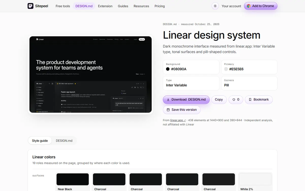 Sitepeel’s DESIGN.md page for linear.app with its colors, type and download button