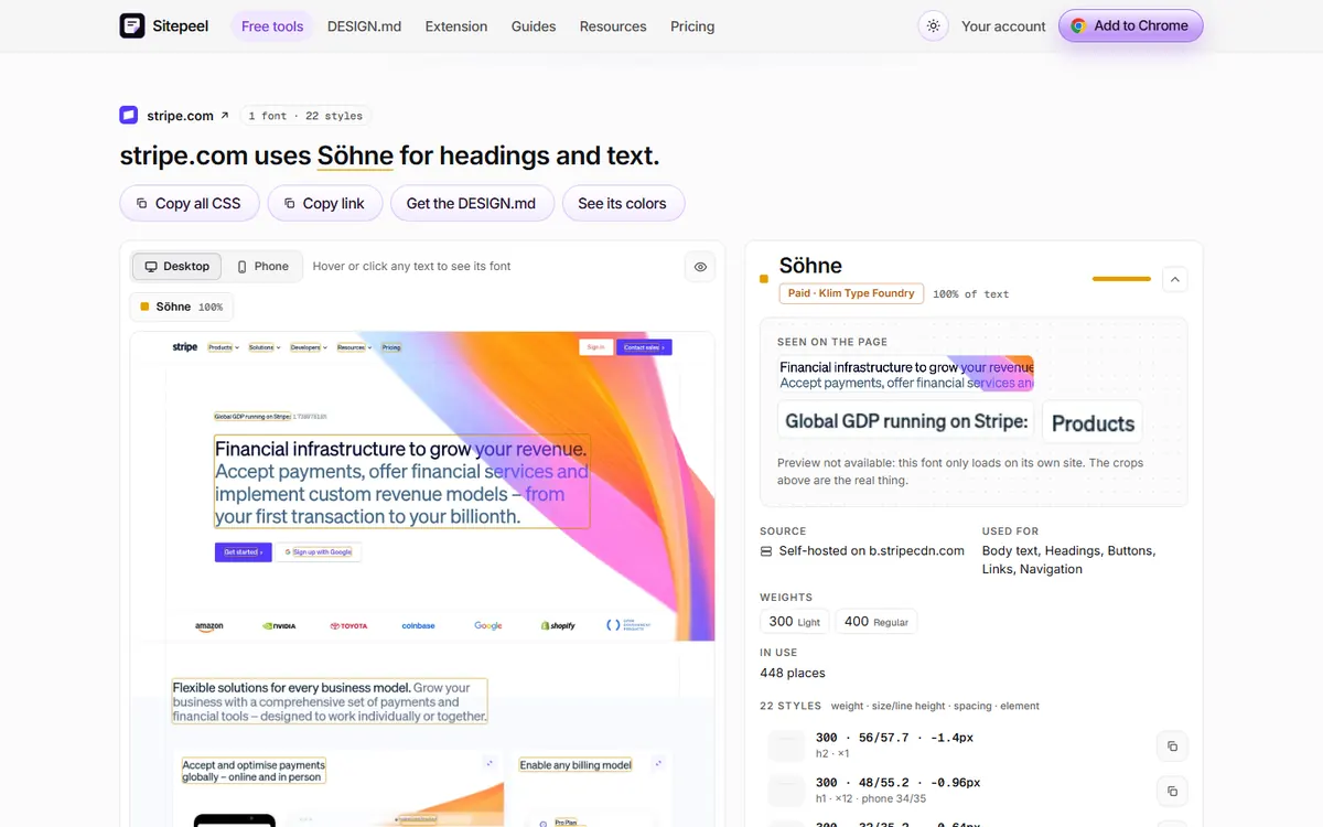 Sitepeel font finder result for stripe.com: Söhne with its sizes, weights and where it is used