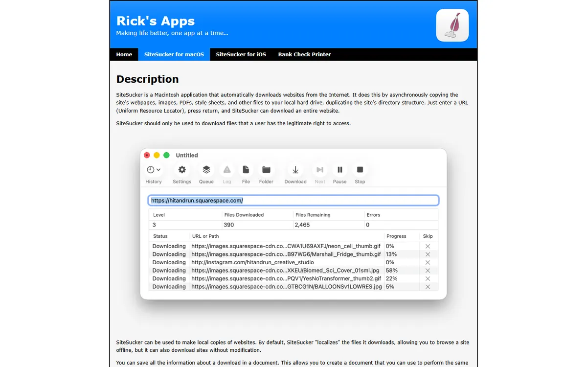 SiteSucker’s page on Rick’s Apps with a download in progress