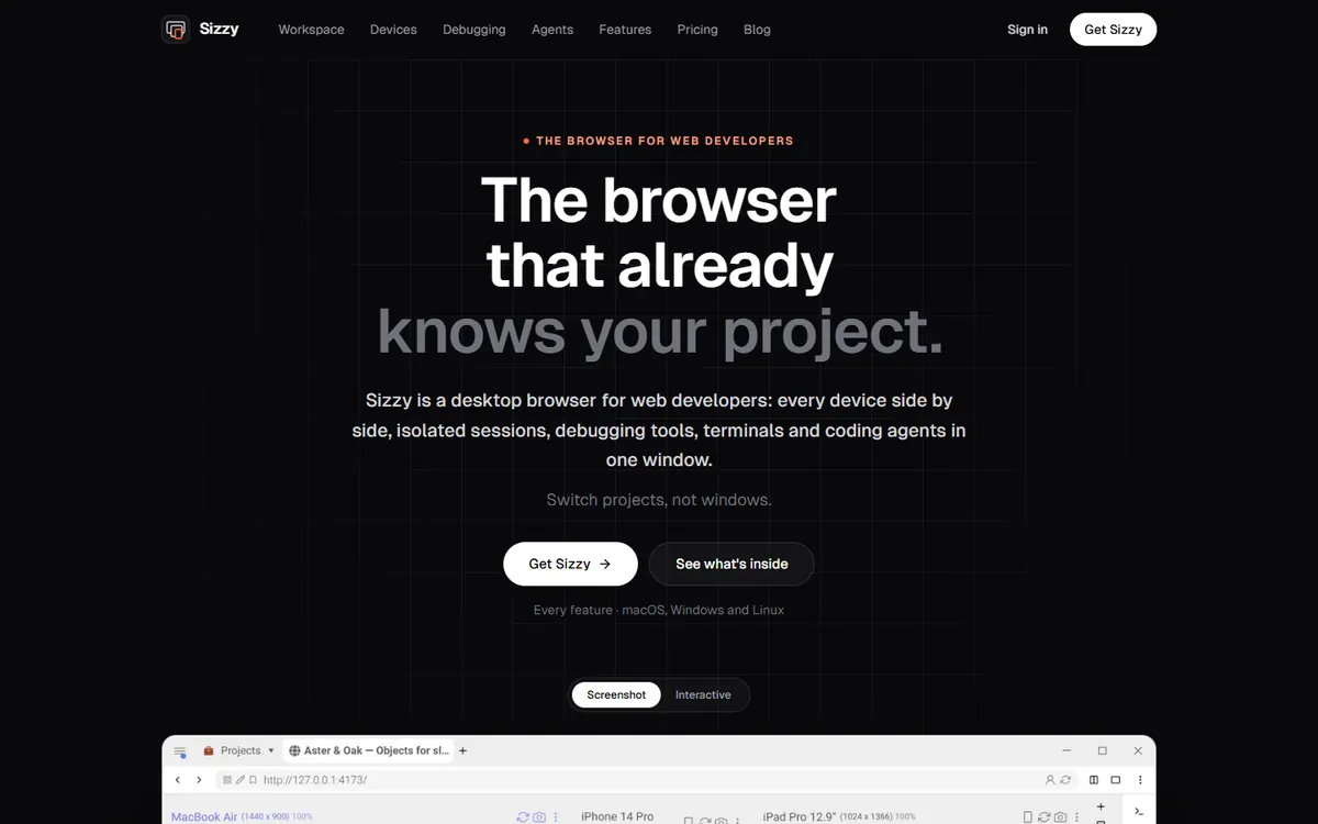 Sizzy’s website: “The browser that already knows your project”