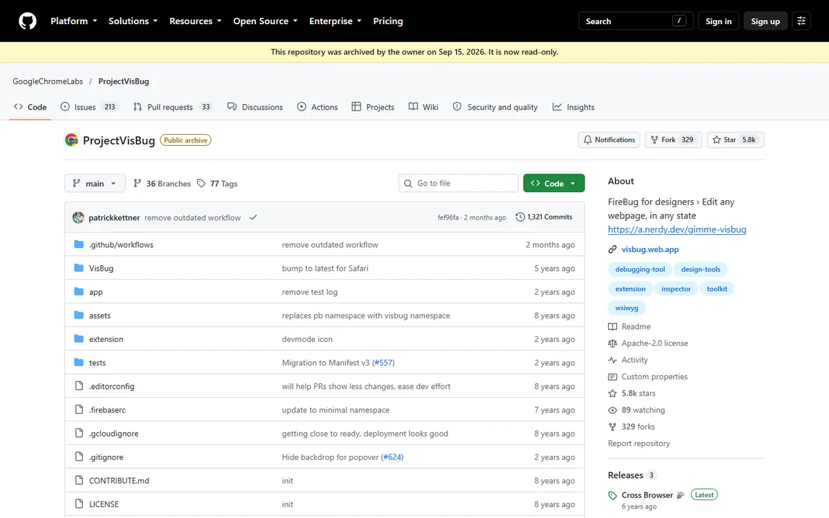 VisBug’s GitHub page with the archived notice