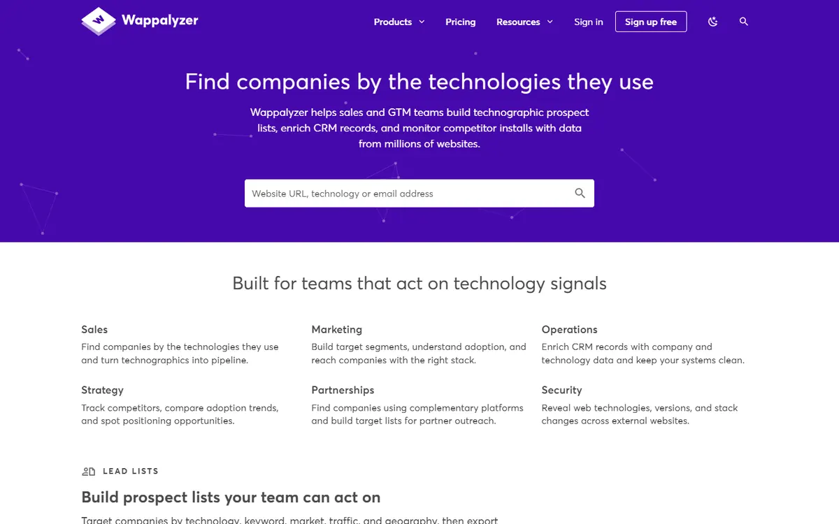 Wappalyzer’s website: “Find companies by the technologies they use”