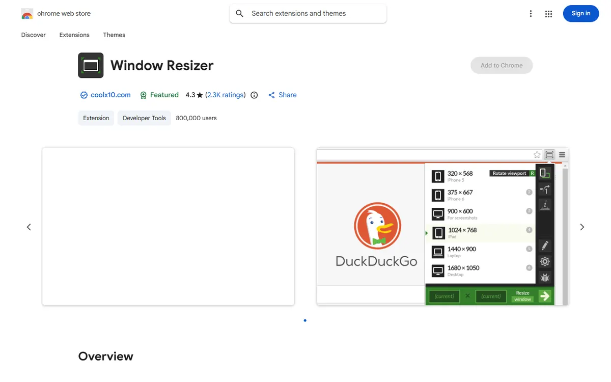 Window Resizer on the Chrome Web Store, 800,000 users