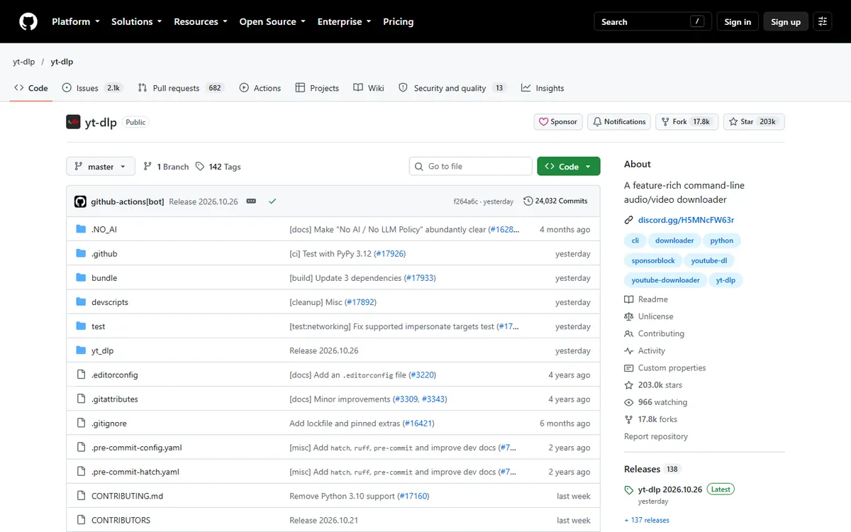 yt-dlp on GitHub: a feature-rich command-line audio and video downloader, 203k stars