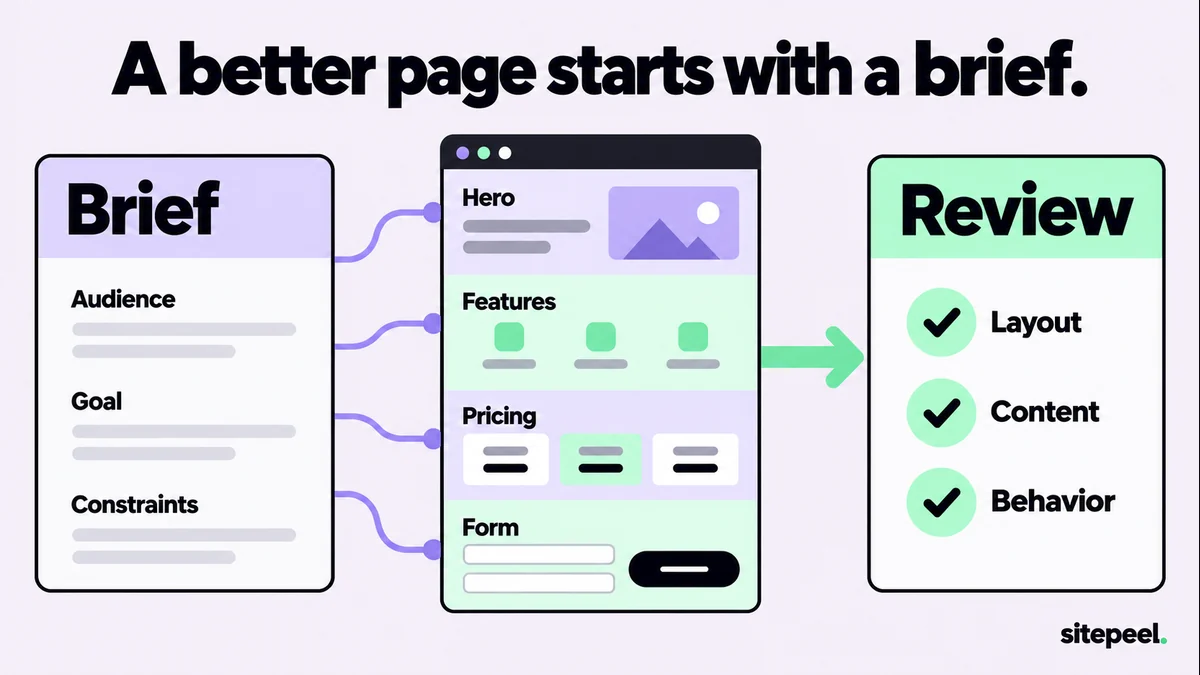 A specific brief connects to the hero, features, pricing, form and review of a landing page.