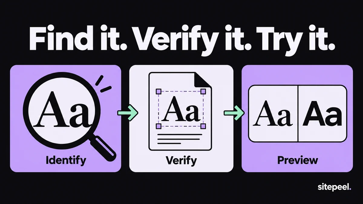 Three typography steps: identify a family, verify the rendered font and preview alternatives.