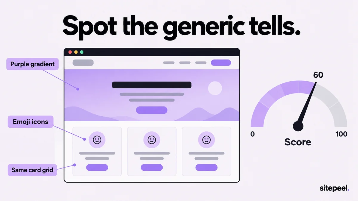 “Spot the generic tells.” A generic landing page with callouts for a purple gradient, emoji icons and the same card grid, beside a score gauge from 0 to 100.