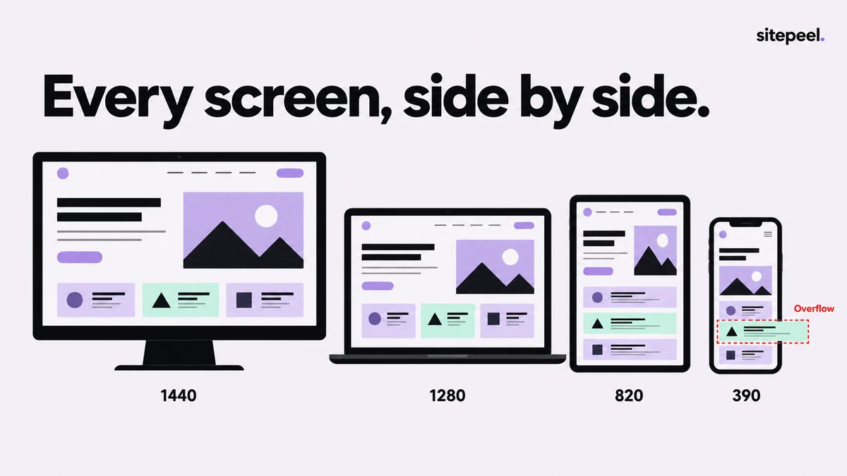 “Every screen, side by side.” The same page on a 1440 monitor, a 1280 laptop, an 820 tablet and a 390 phone, where one section overflows the screen.