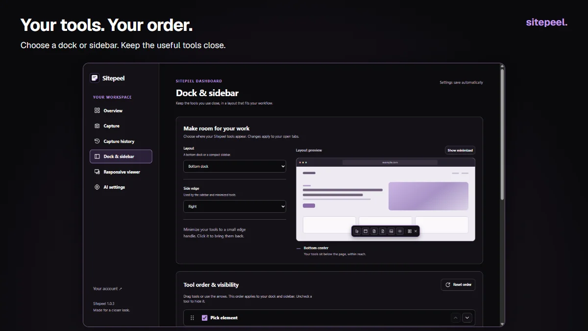 Your tools. Your order. Actual Sitepeel 1.0.3 dashboard interface.