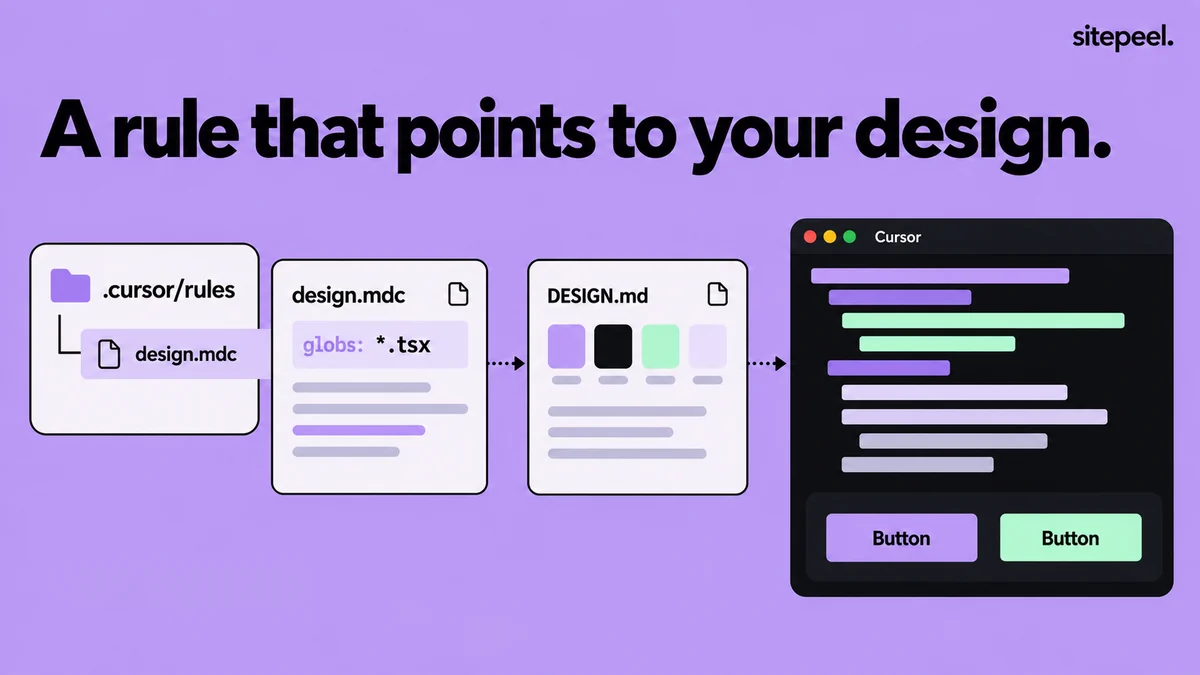 “A rule that points to your design.” A design.mdc rule in .cursor/rules with globs for .tsx files points to DESIGN.md, and Cursor builds buttons in its colors.