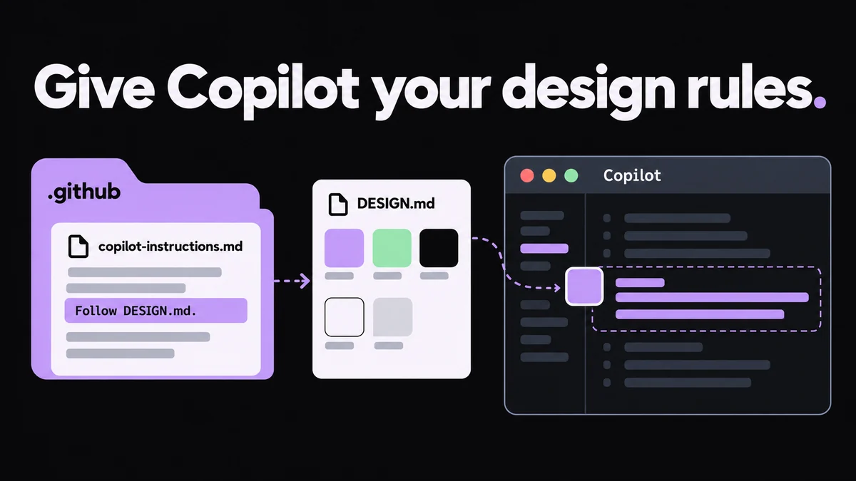 “Give Copilot your design rules.” copilot-instructions.md in the .github folder says to follow DESIGN.md, and Copilot’s suggestion uses its colors.