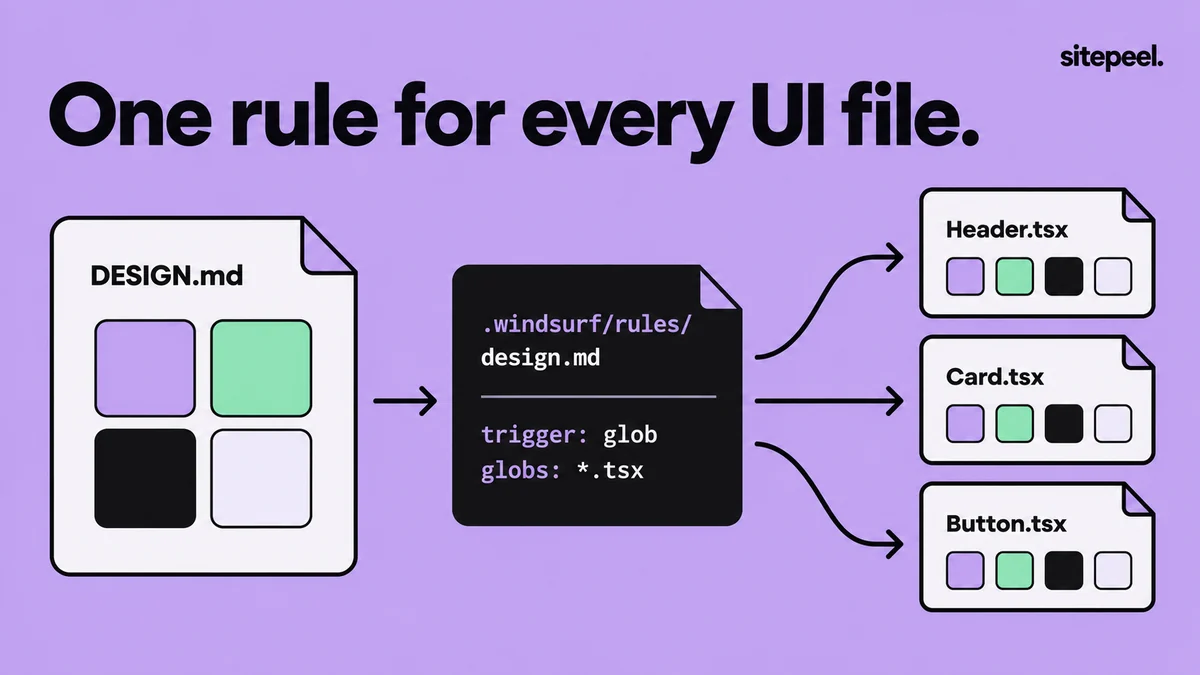 “One rule for every UI file.” A .windsurf/rules/design.md rule with a glob trigger for .tsx files applies DESIGN.md’s colors to Header.tsx, Card.tsx and Button.tsx.