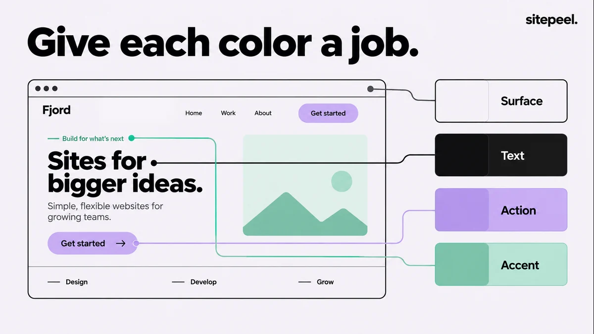 Colors observed in a page are grouped into surface, text, action and accent roles.