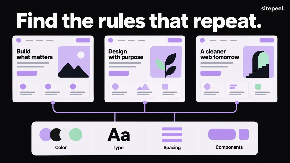 Repeated styles across three pages are distilled into color, type, spacing and component rules.