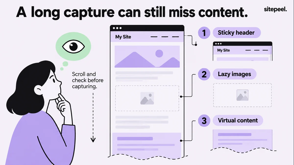A long screenshot reveals a repeated sticky header, unloaded images and missing virtualized content.