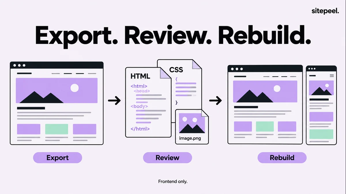 Rendered page content becomes HTML, CSS and assets that are reviewed and rebuilt for a new frontend.