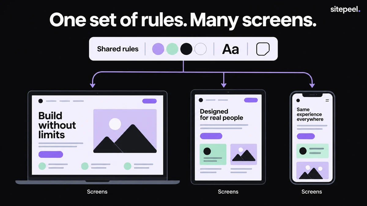 Shared design rules feed three different screens with matching type, buttons and spacing.