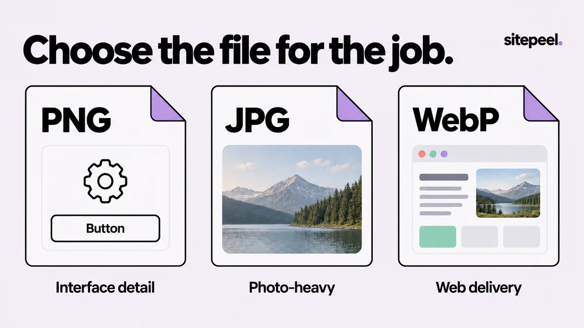 PNG, JPG and WebP file cards illustrate interface detail, photo-heavy images and web delivery.