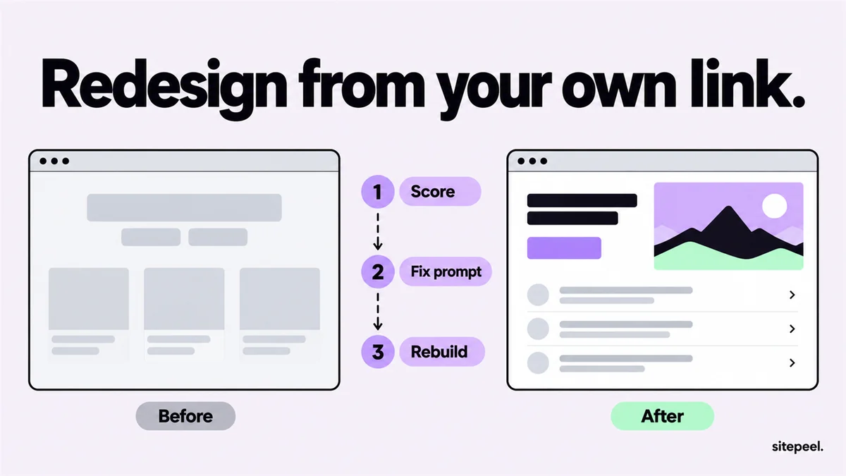 “Redesign from your own link.” A generic page labelled Before goes through three steps, Score, Fix prompt and Rebuild, into a distinct page labelled After.