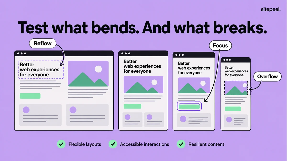The same page reflows across four widths, with checks for text wrapping, focus and overflow.
