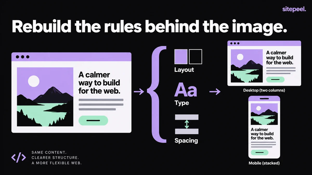 A screenshot is broken into layout, type and spacing rules, then rebuilt as wide and narrow layouts.