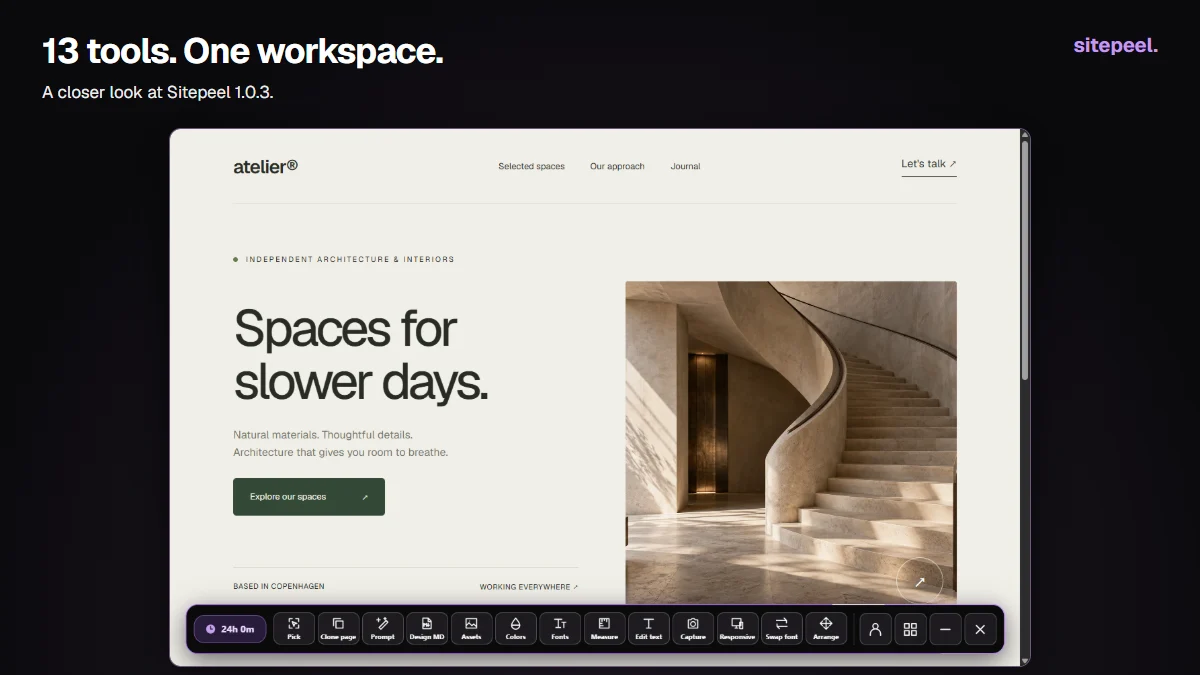 13 tools. One workspace. Actual Sitepeel 1.0.3 tools interface.
