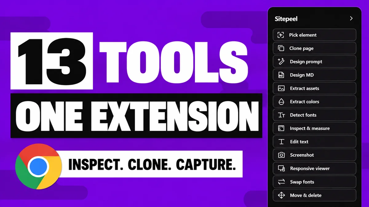 Sitepeel tutorial: 13 tools in one extension, with the tool sidebar for inspecting, cloning and capturing websites.