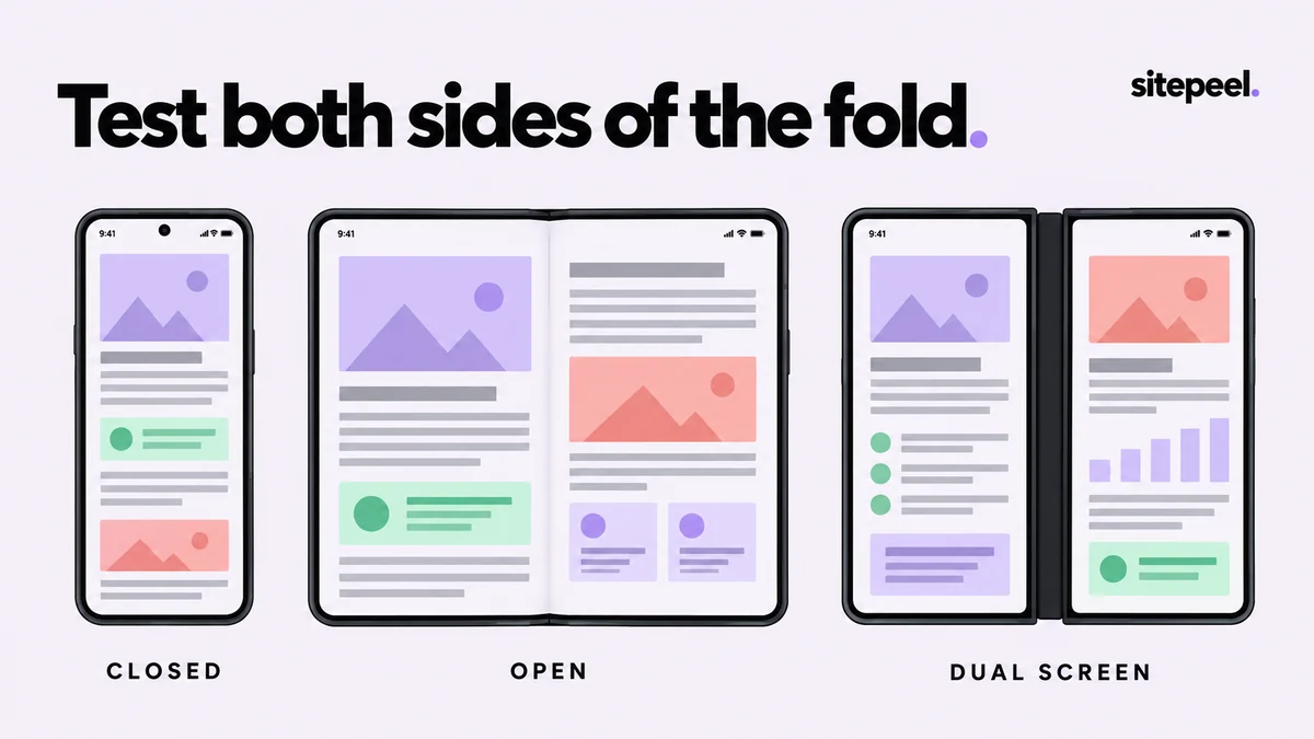 A closed phone, an open foldable and a dual-screen device show different usable layout areas.