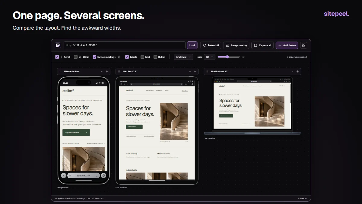 One page. Several screens. Actual Sitepeel 1.0.3 responsive interface.