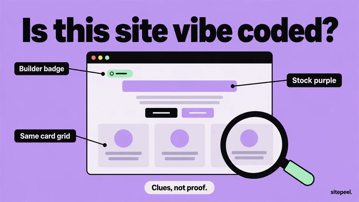 “Is this site vibe coded?” A generic landing page under a magnifying glass, with tags for a builder badge, stock purple and the same card grid, and a note: clues, not proof.