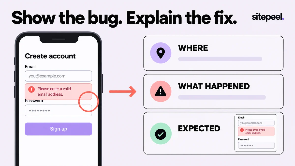 An overlapping form error is marked once and linked to notes describing its location, actual behavior and expected result.