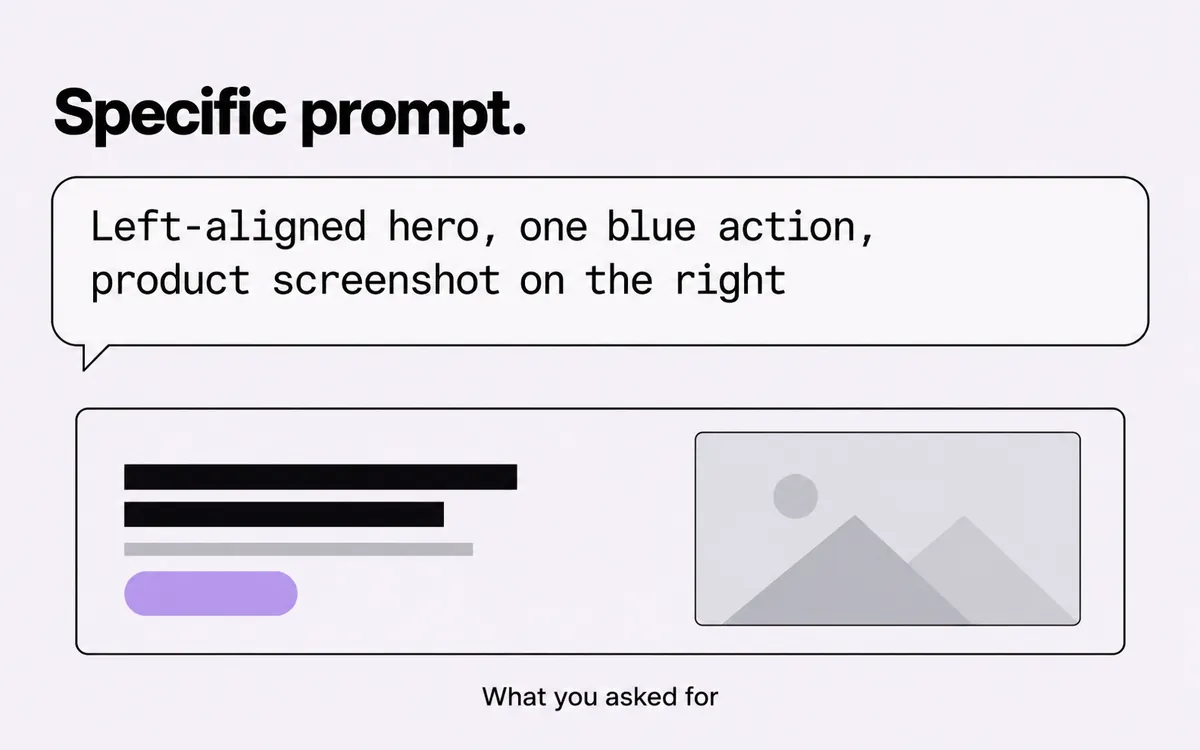 A specific prompt produces the left-aligned hero with one action and a screenshot on the right.