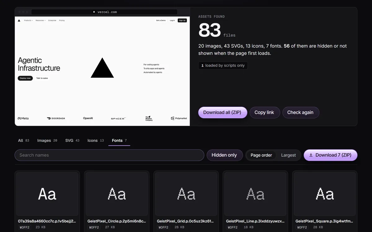 The asset extractor’s Fonts tab on vercel.com shows 7 WOFF2 files, each previewed as Aa in its own font, with a ZIP download.