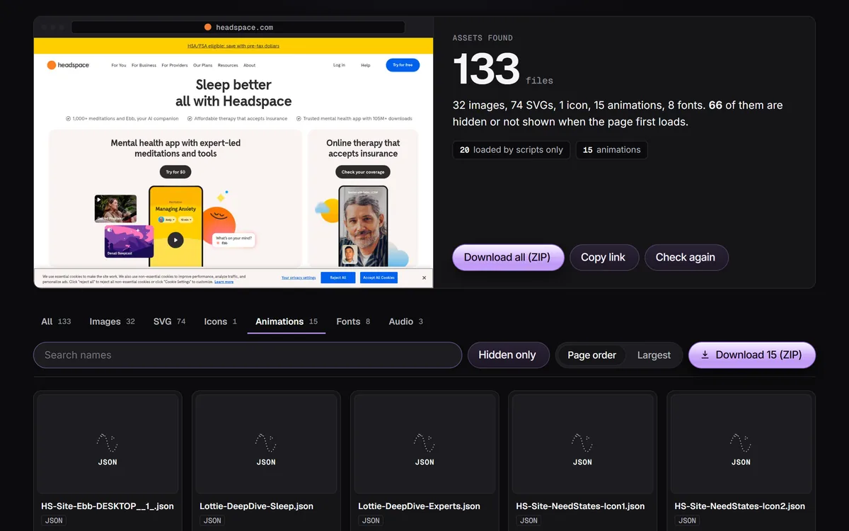 The asset extractor found 133 files on headspace.com, with the Animations tab open on 15 Lottie JSON files such as Lottie-DeepDive-Sleep.json.