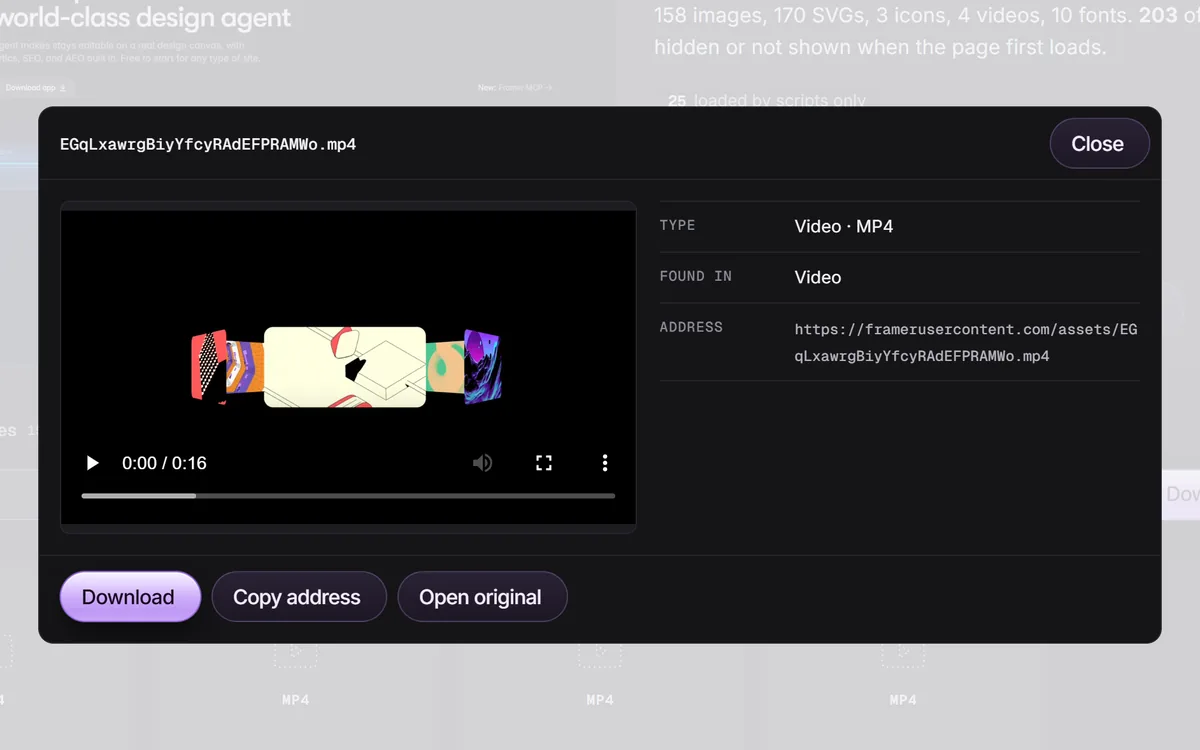 The asset extractor’s video window plays an MP4 from framer.com, with its type, where it was found, its address and a Download button.