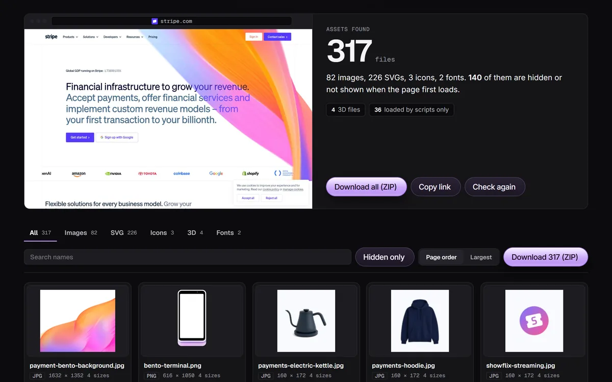 The asset extractor found 317 files on stripe.com: images, SVGs, icons, 3D files and fonts, with filters and a ZIP download.