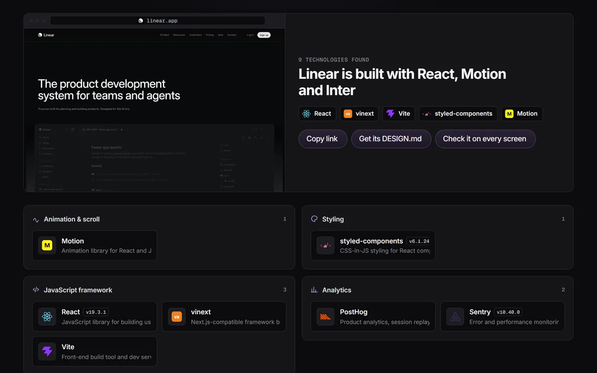 The Built with checker shows Linear is built with React, Motion and Inter, with analytics and styling tools grouped below.