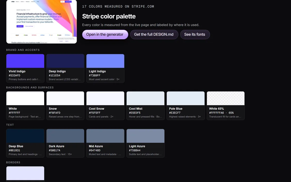 The color palette generator lists 17 colors measured on stripe.com, grouped into brand and accents, surfaces, text and borders.
