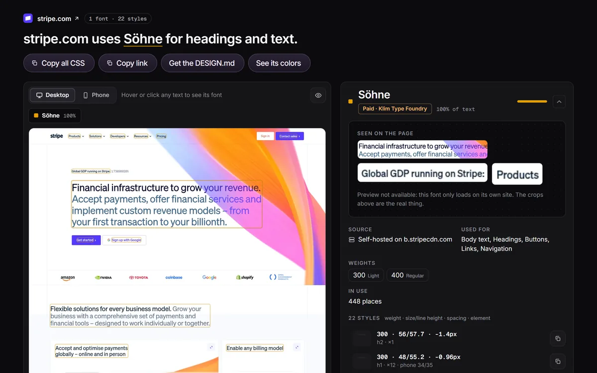 The font finder shows that stripe.com uses Söhne, boxed on a picture of the page, with its source, weights and styles.