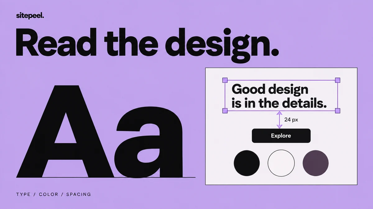 Read the design. A type specimen, selected heading, spacing annotation and color palette.