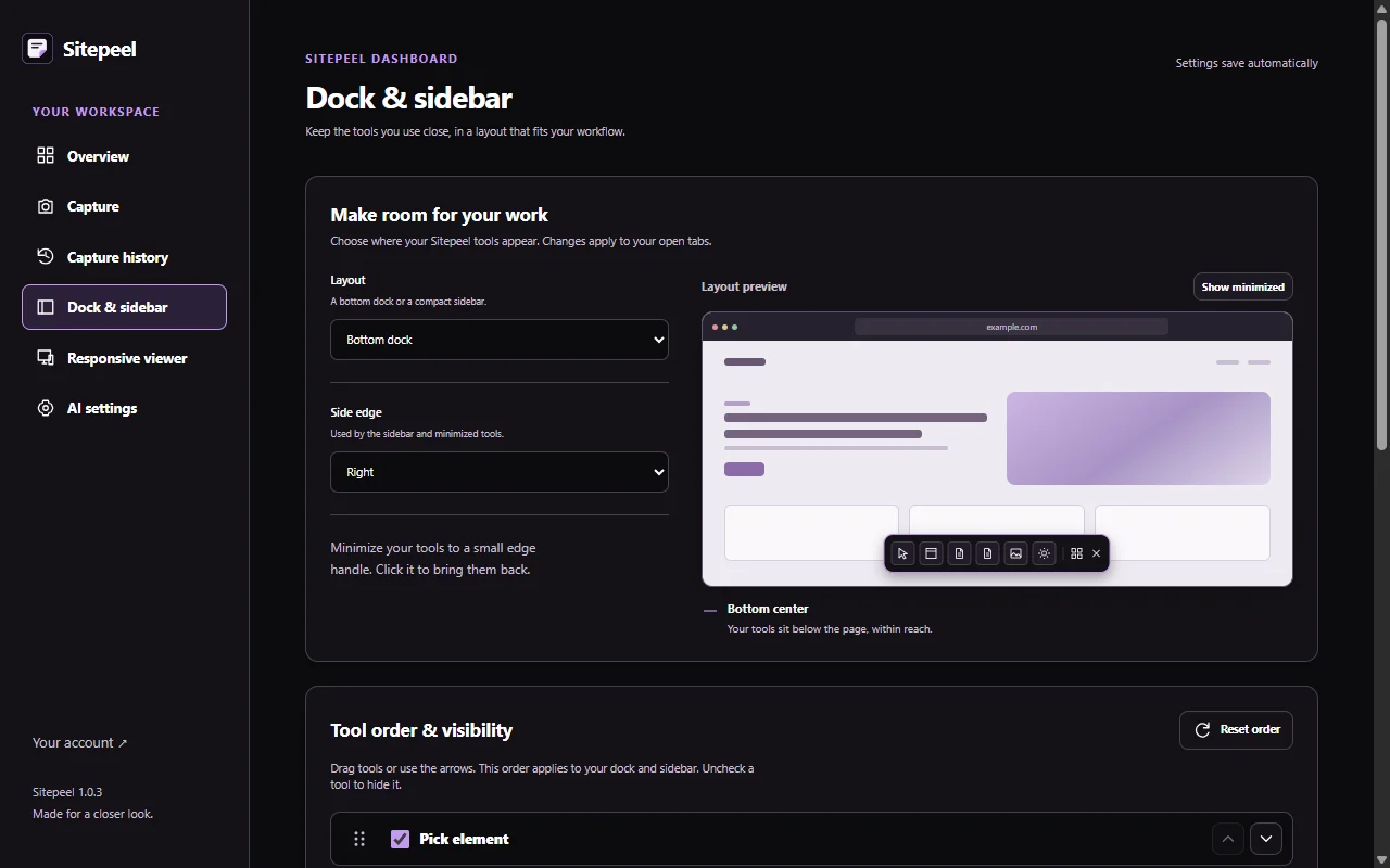 Make the tools yours. Sitepeel interface