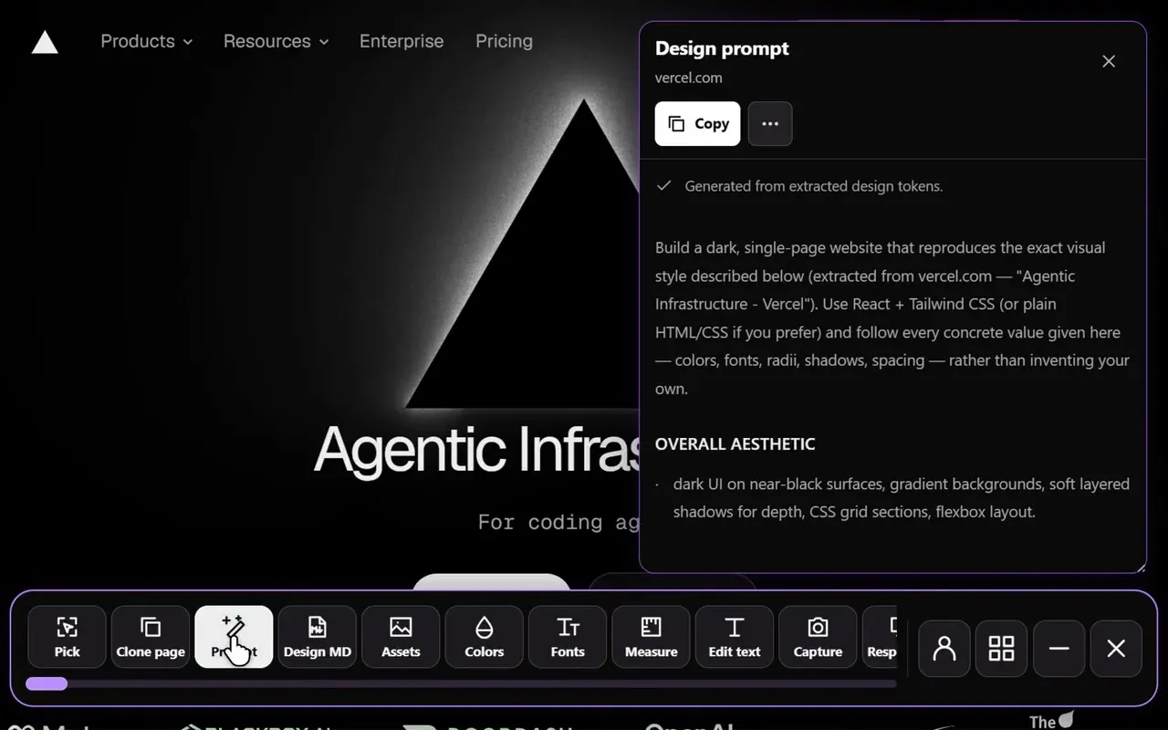 Website prompt generator in the Sitepeel interface