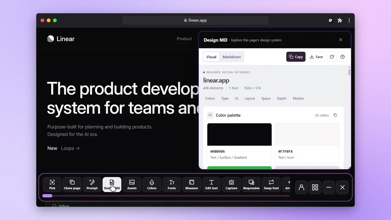Sitepeel tools open on linear.app, with the Design MD panel showing its color palette