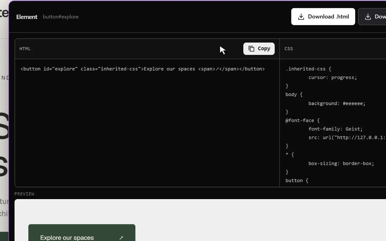 Sitepeel’s element export showing HTML, CSS and a preview of an Explore our spaces button.