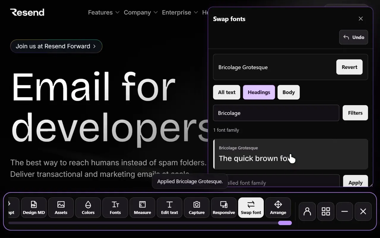 Live font preview in the Sitepeel interface