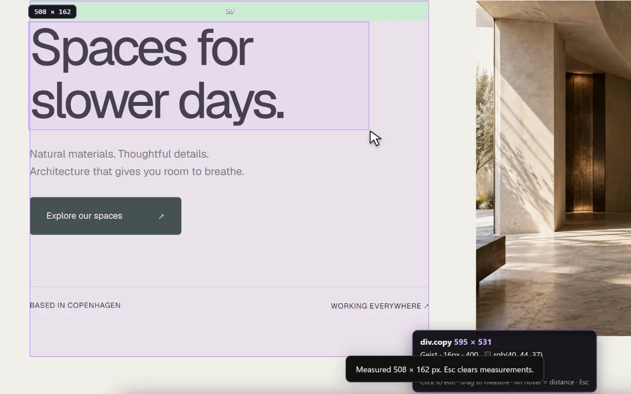 Sitepeel measuring the “Spaces for slower days” heading at 508 by 162 pixels on its demonstration page.