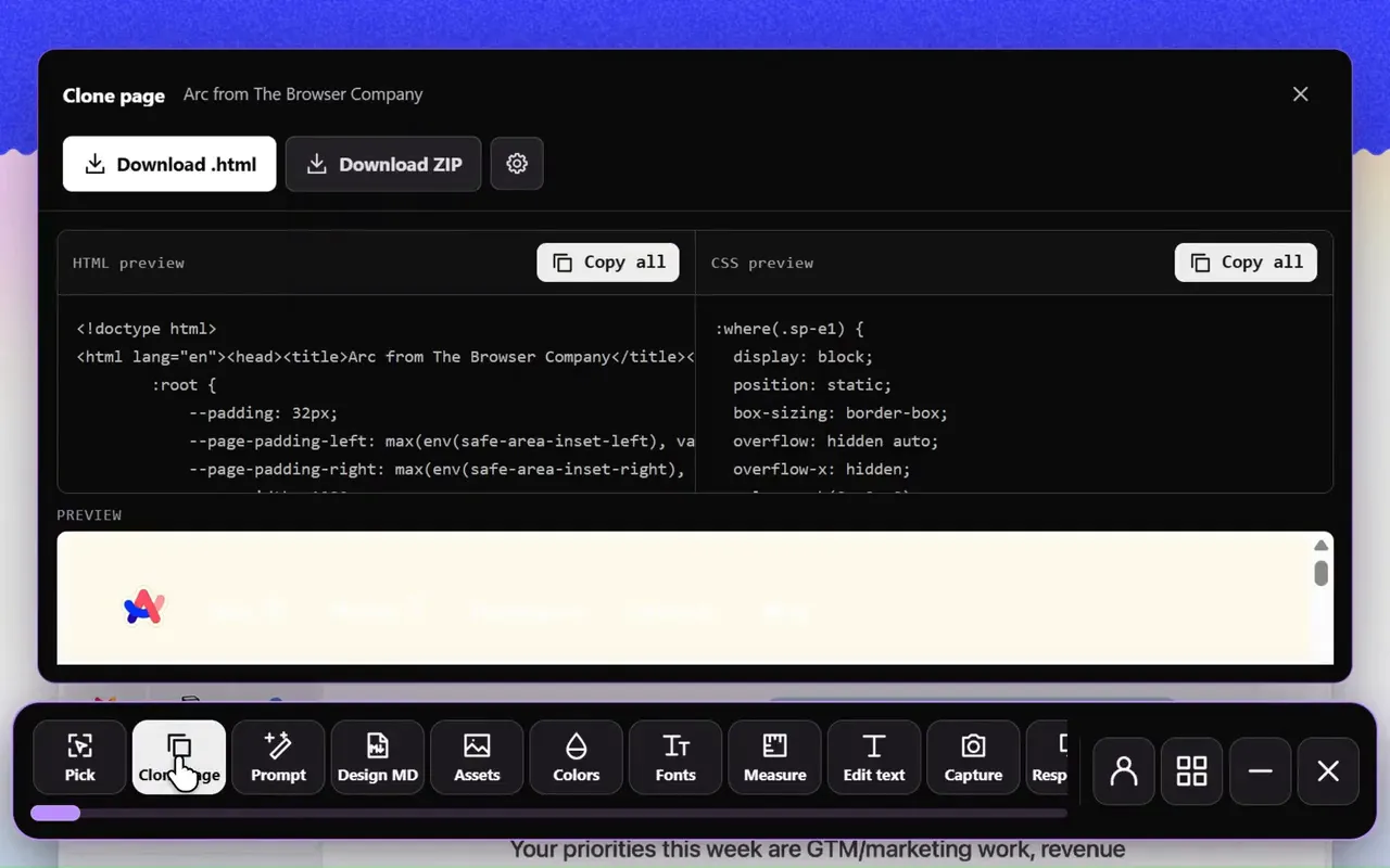 Website cloner in the Sitepeel interface
